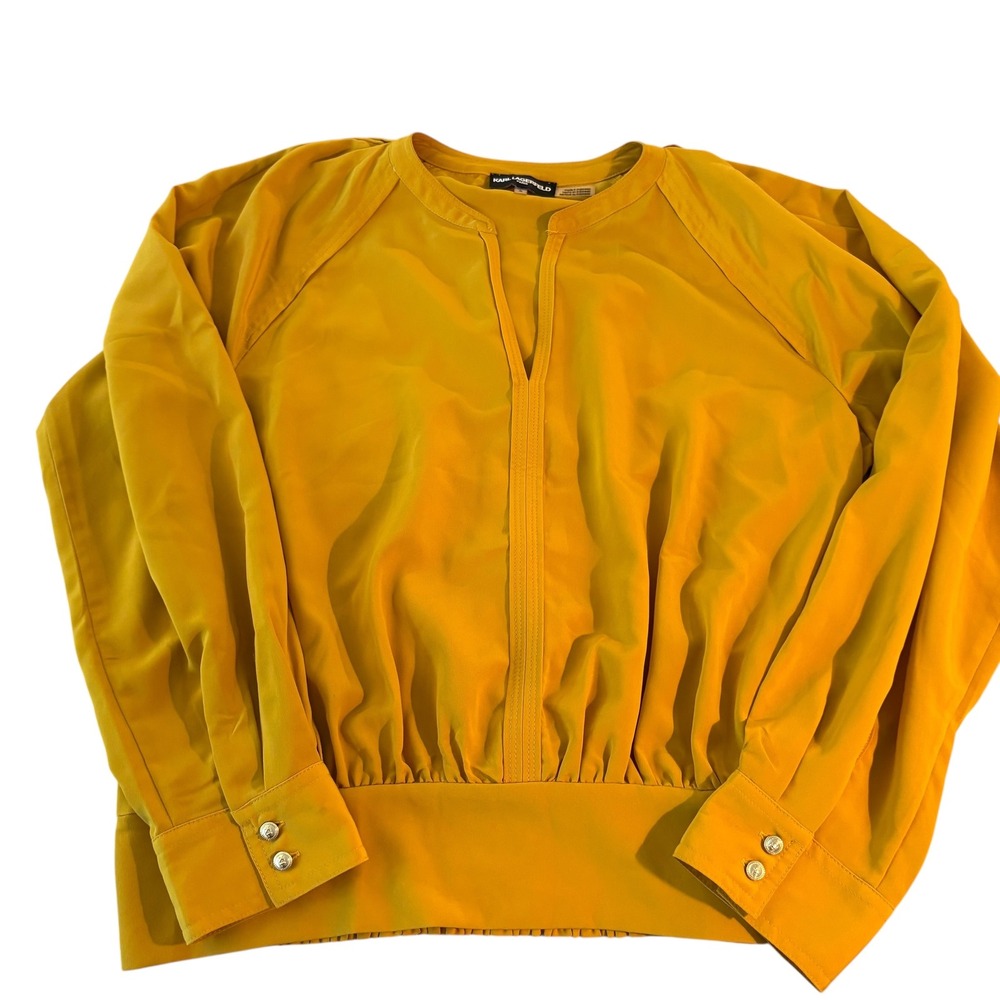Karl Lagerfeld Mustard Yellow Long Sleeve‎ V-Neck Smocked Blouse Top Size Large